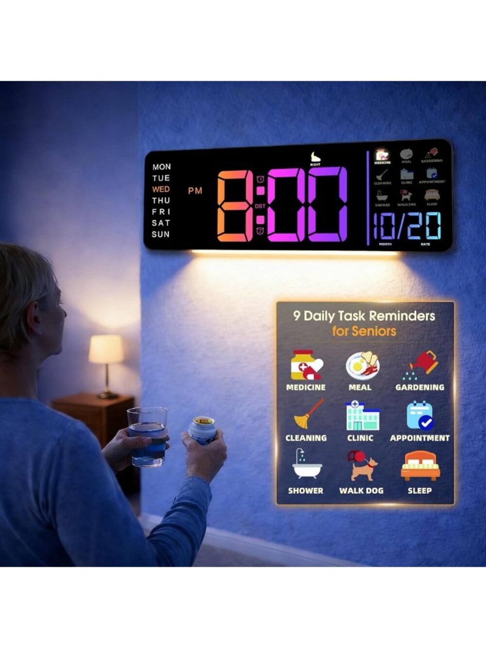 Large 16" Digital Wall Clock with Remote Control, RGB LED Day & Date Display